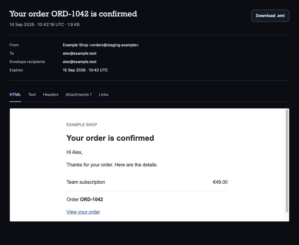 Captured email showing sender, recipient, message tabs, and an order confirmation preview