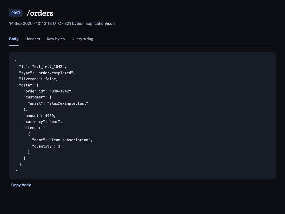 Captured webhook request showing its JSON payload and request details