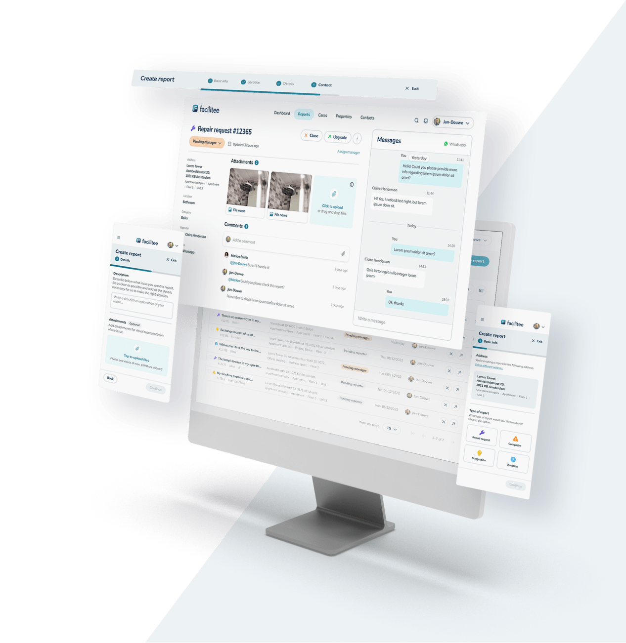 Facilitee repair request, conversation, and mobile report forms