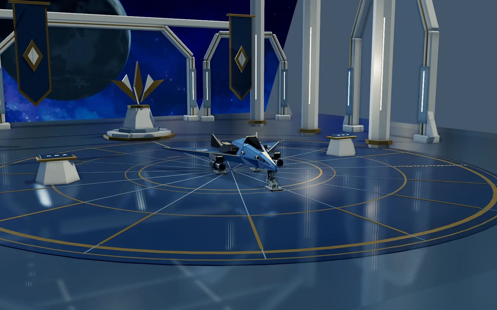 A Haven spacecraft beneath the arches of its faction workshop