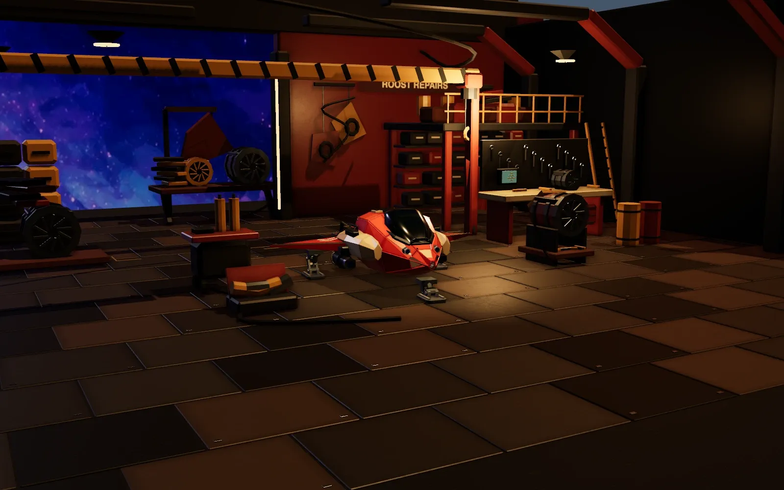 A red Roost spacecraft in its repair workshop
