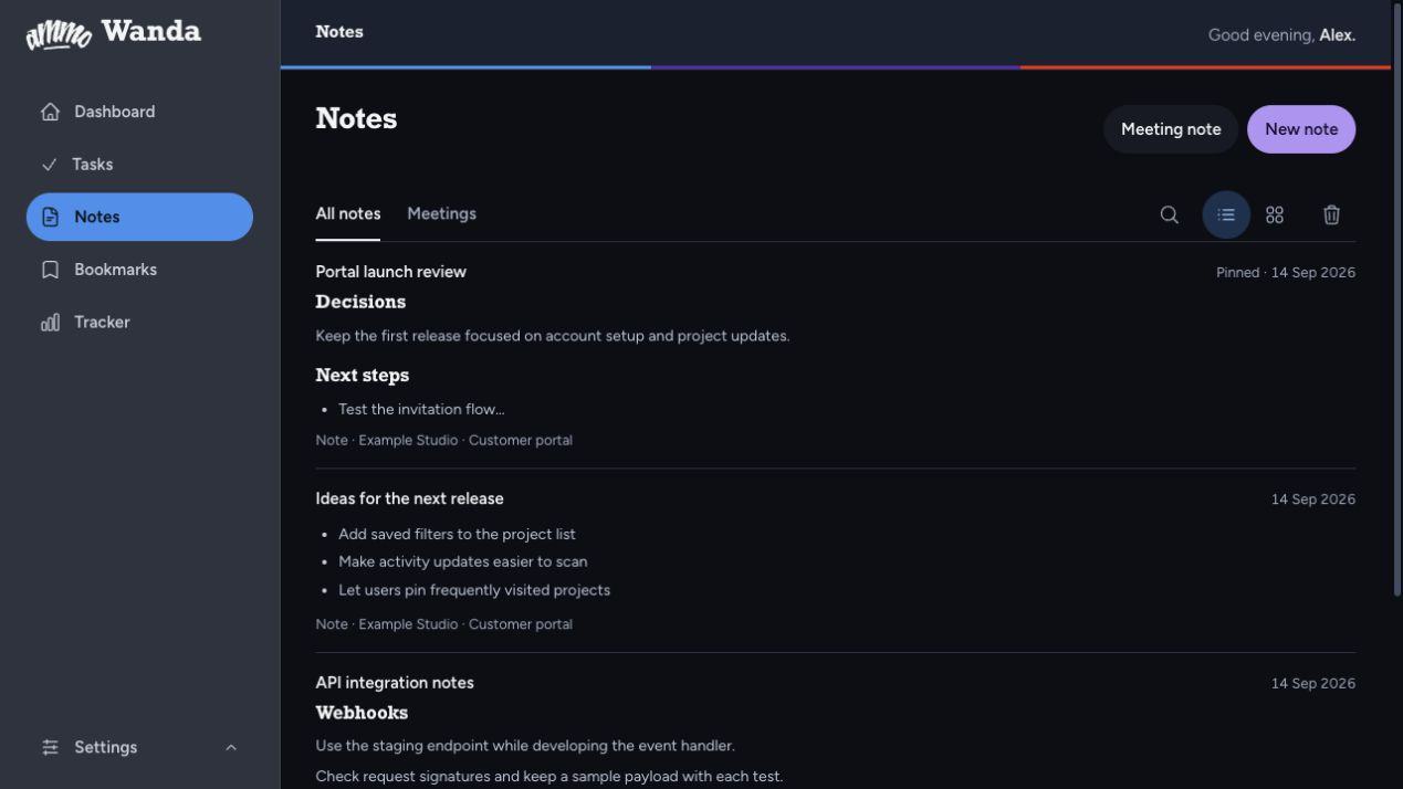 Wanda notes library with sample project notes