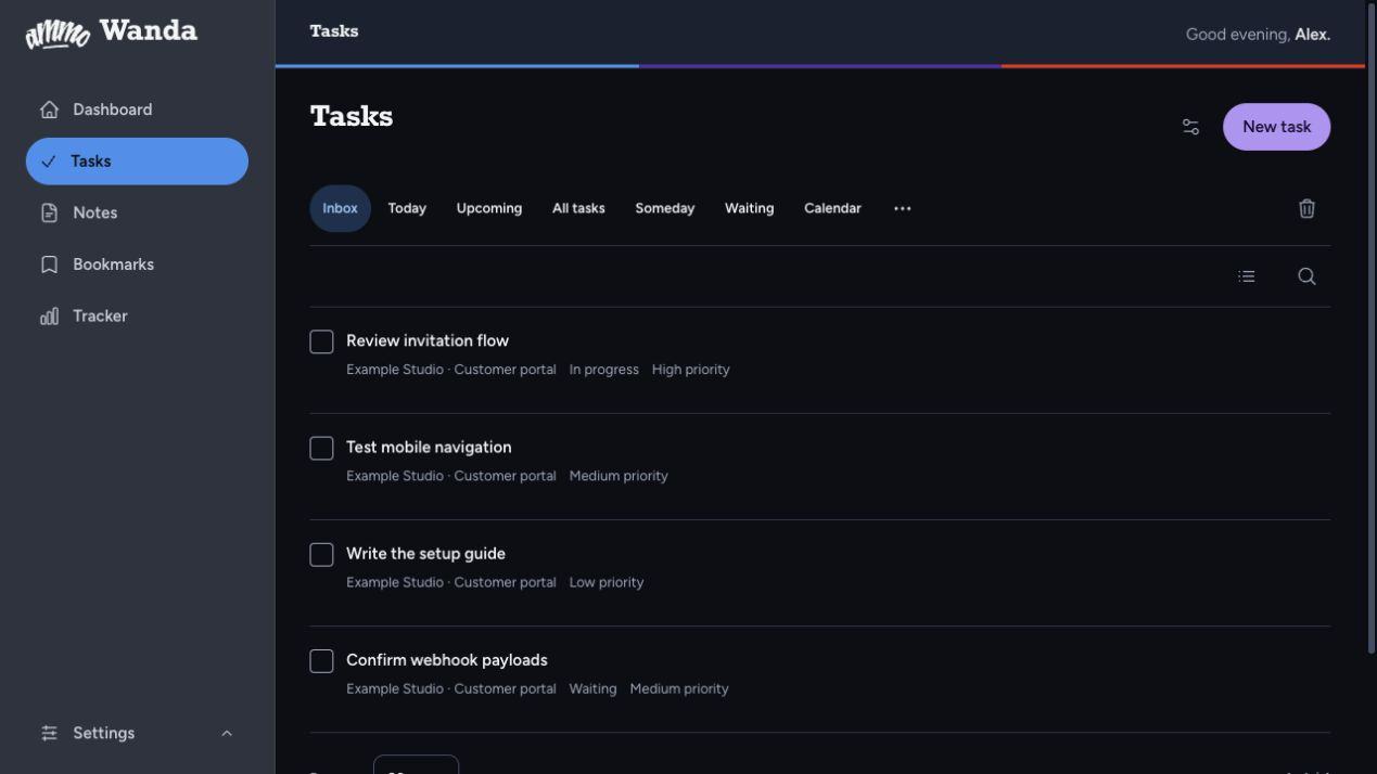 Wanda task list showing sample development tasks and priorities